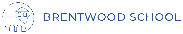 Brentwood School logo with a building and tree in blue on black