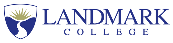 Blue and white Landmark College logo on a black background