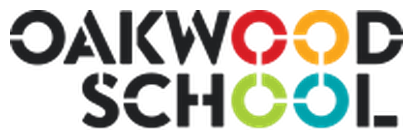 Oakwood School logo featuring multicolored text on a black background